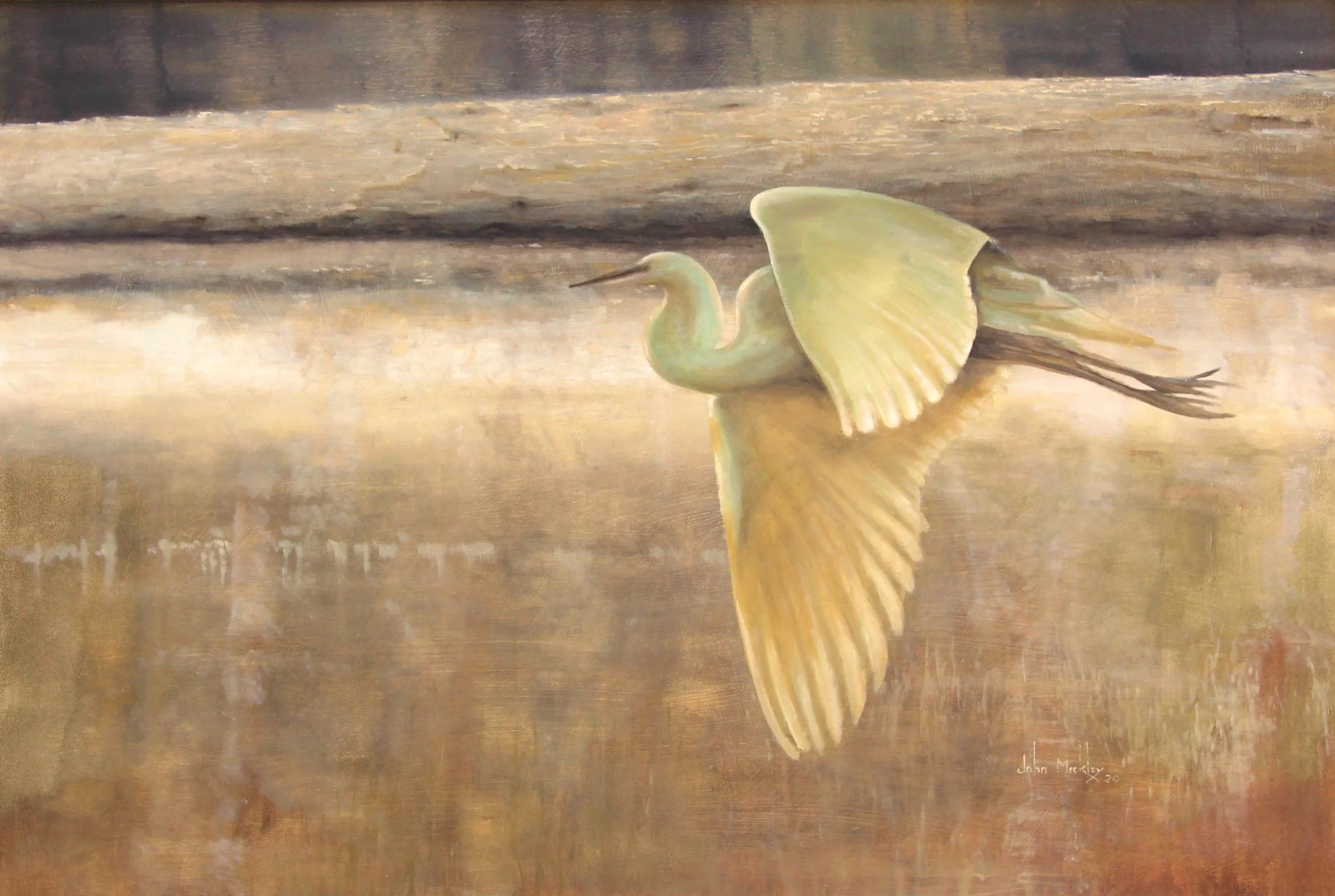 Painting of a heron with outstretched wings flying above a body of water.