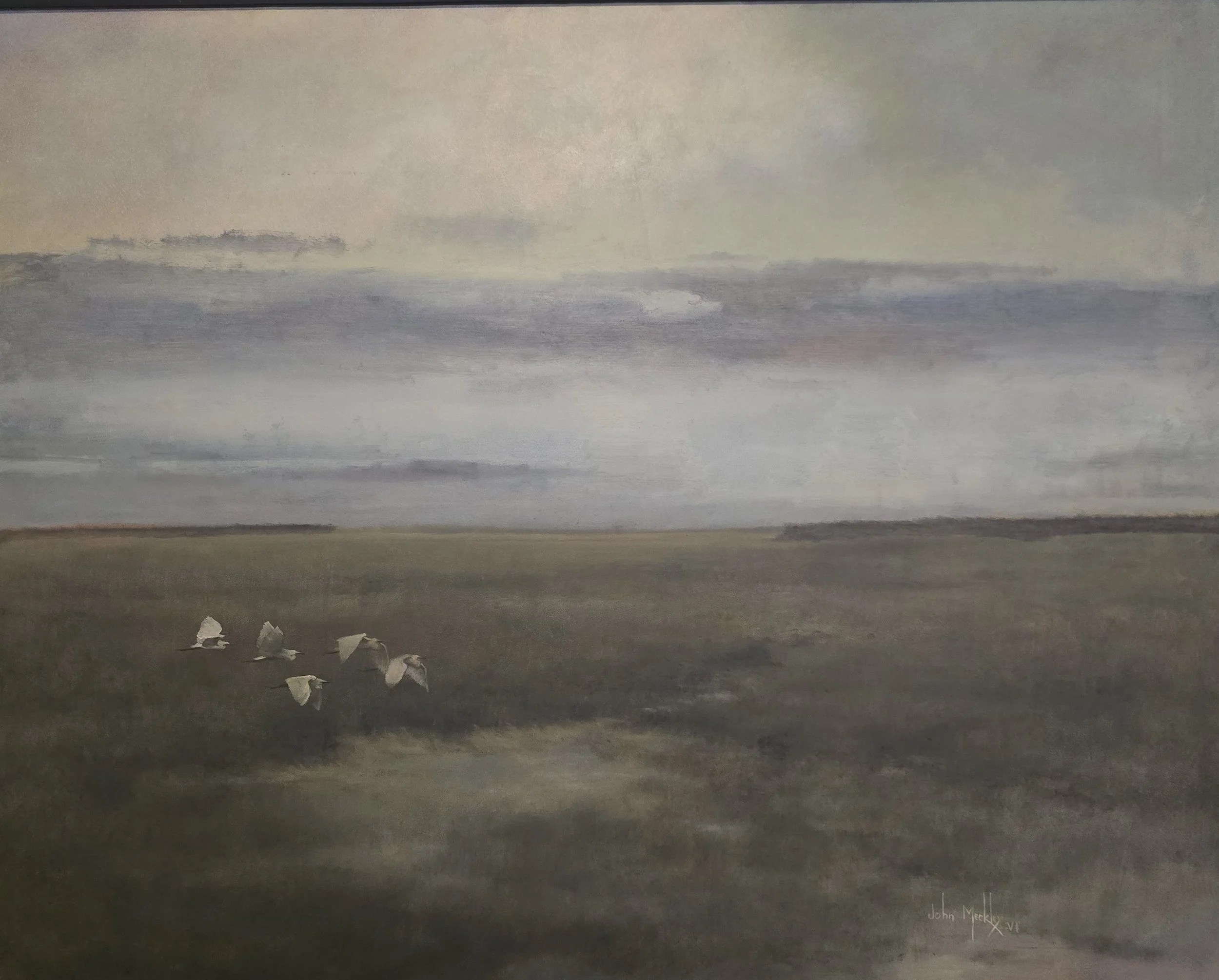 A watercolor painting of a vast, open landscape with a cloudy sky in muted tones. Six white birds are flying low over a grassy field.