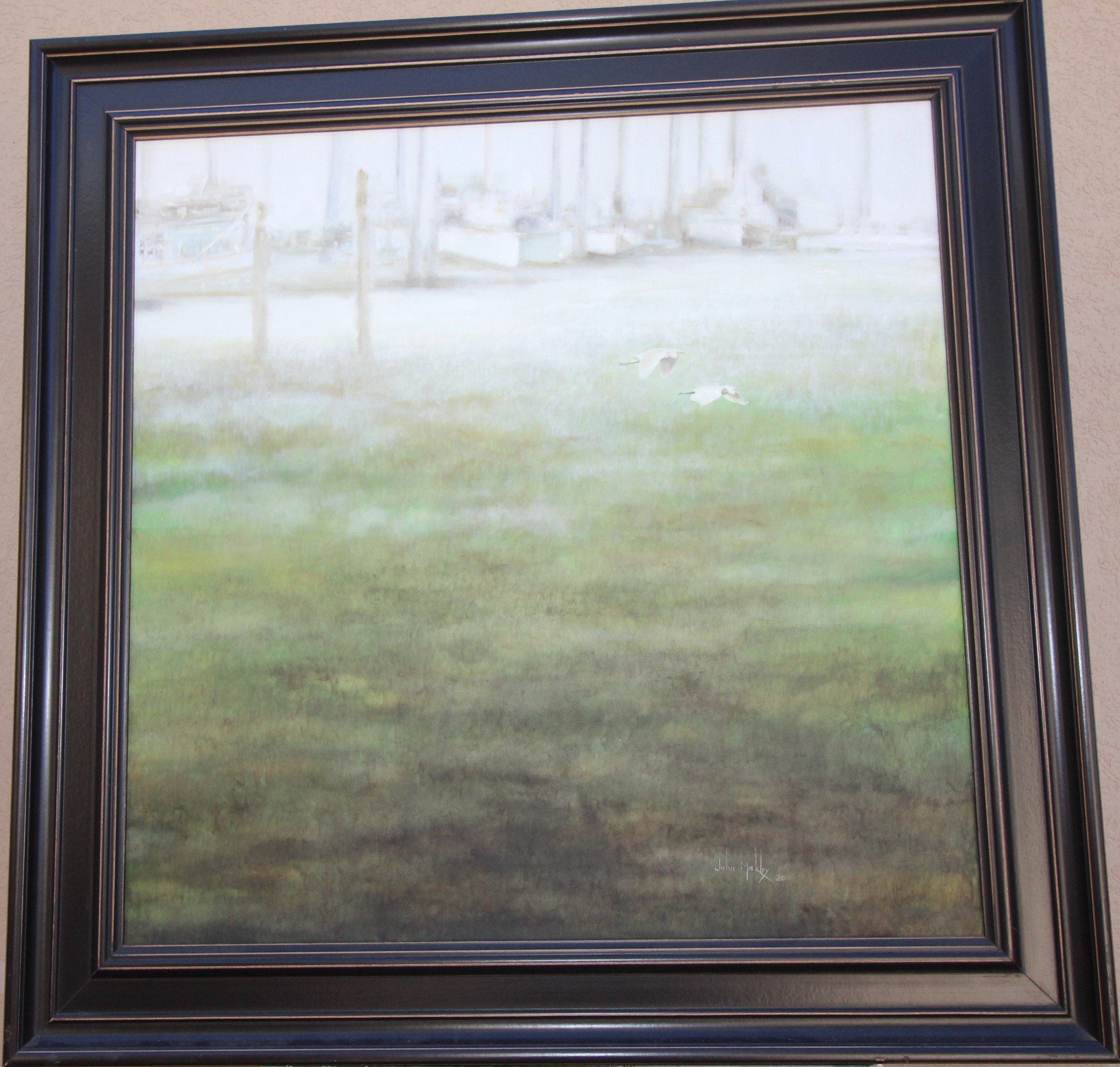 Painting of a foggy landscape with two flying birds, some trees, and boats in the background.