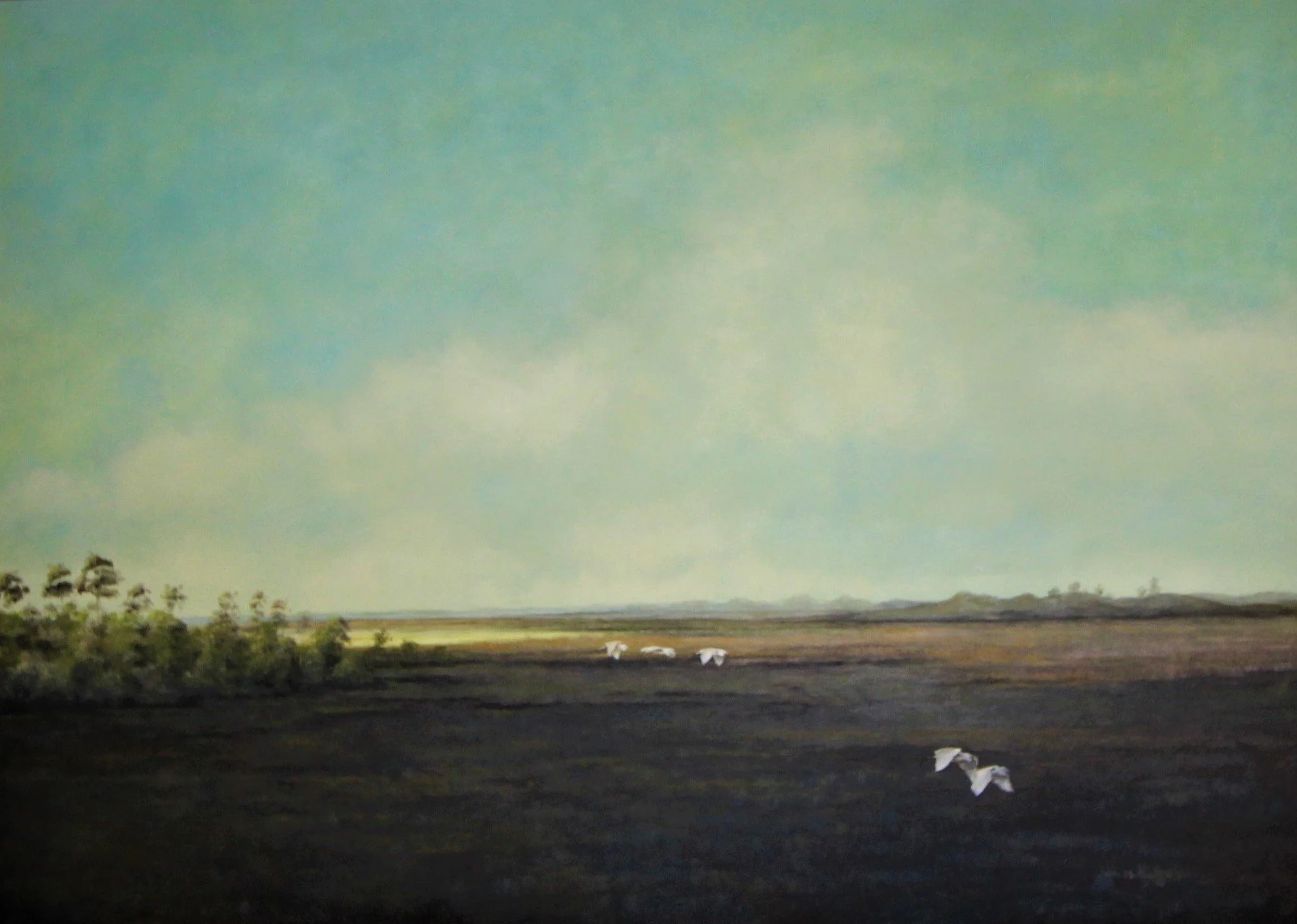 A painted landscape with a blue sky, distant hills, and a dark foreground with white birds and some trees on the left side.