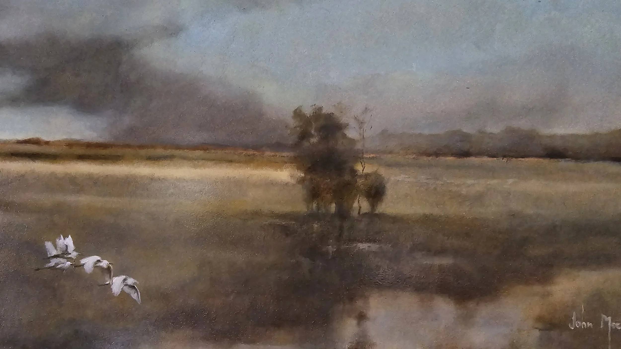 A watercolor painting of a serene landscape with a cloudy sky, a calm body of water reflecting the sky, a few white birds flying over the water, and distant trees and land in earthy tones.