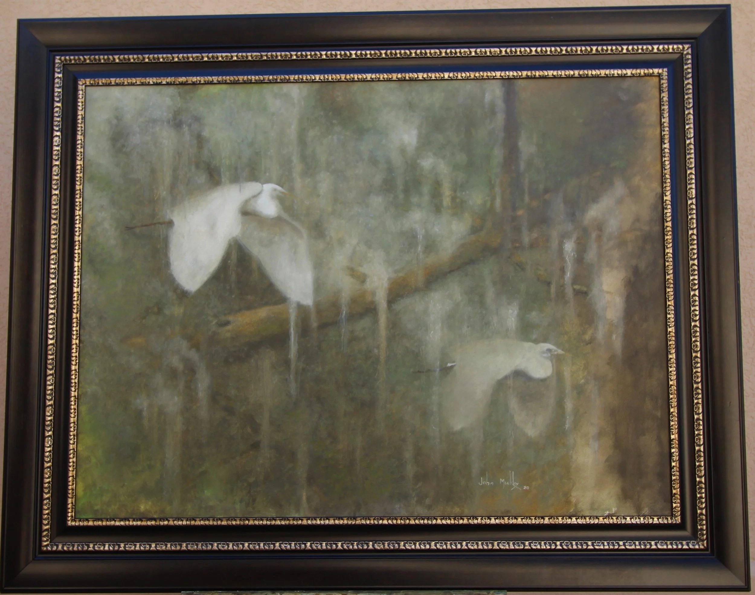 Painting of two white herons standing in a foggy swamp with trees and moss in the background.