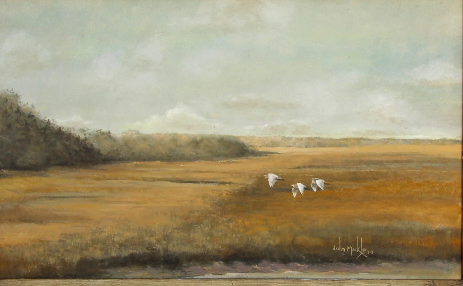 A landscape painting featuring an open field with four white birds flying across the scene. The background includes a distant tree line under a cloudy sky.