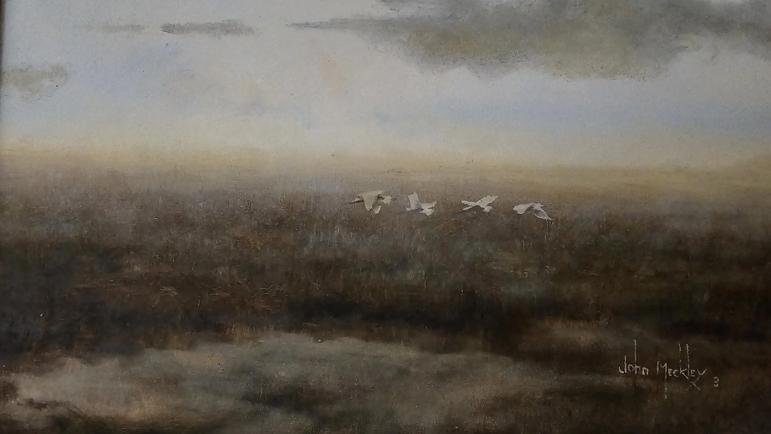 A watercolor painting of a flock of five white birds flying over a dark, textured landscape with a hazy, colorful sky in the background.