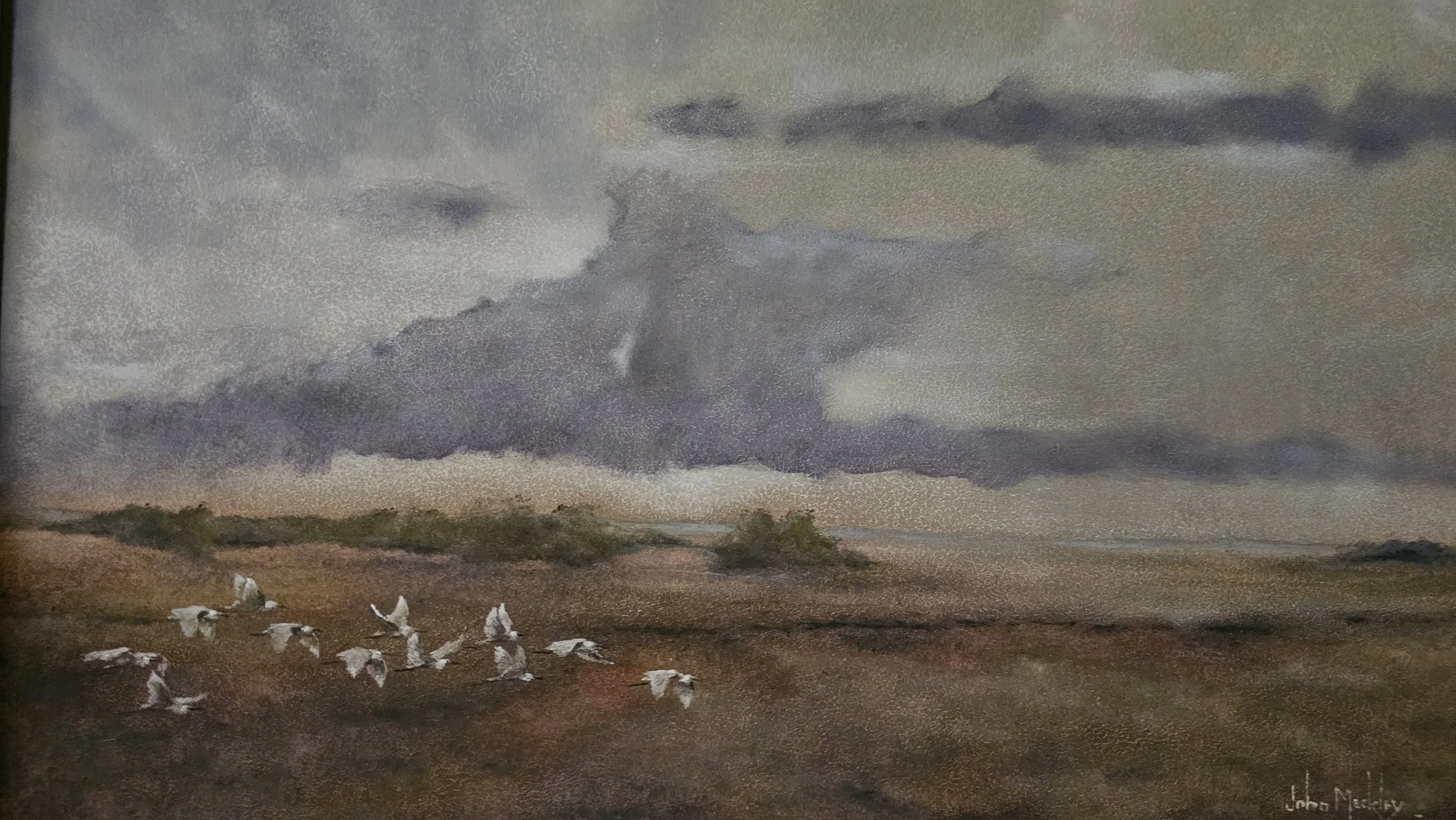 A watercolor painting of a vast desert landscape with a cloudy sky and a flock of white birds flying low over the ground.