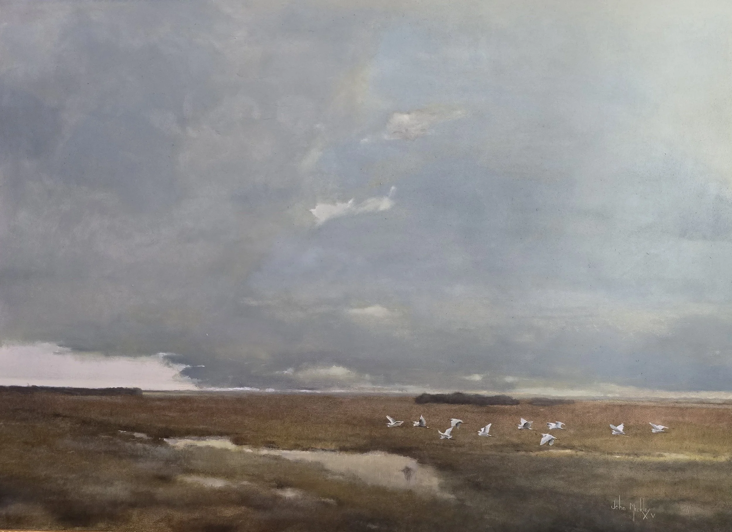 A painting of a flat landscape with a cloudy sky, some water, and a flock of nine white birds flying low over the land.