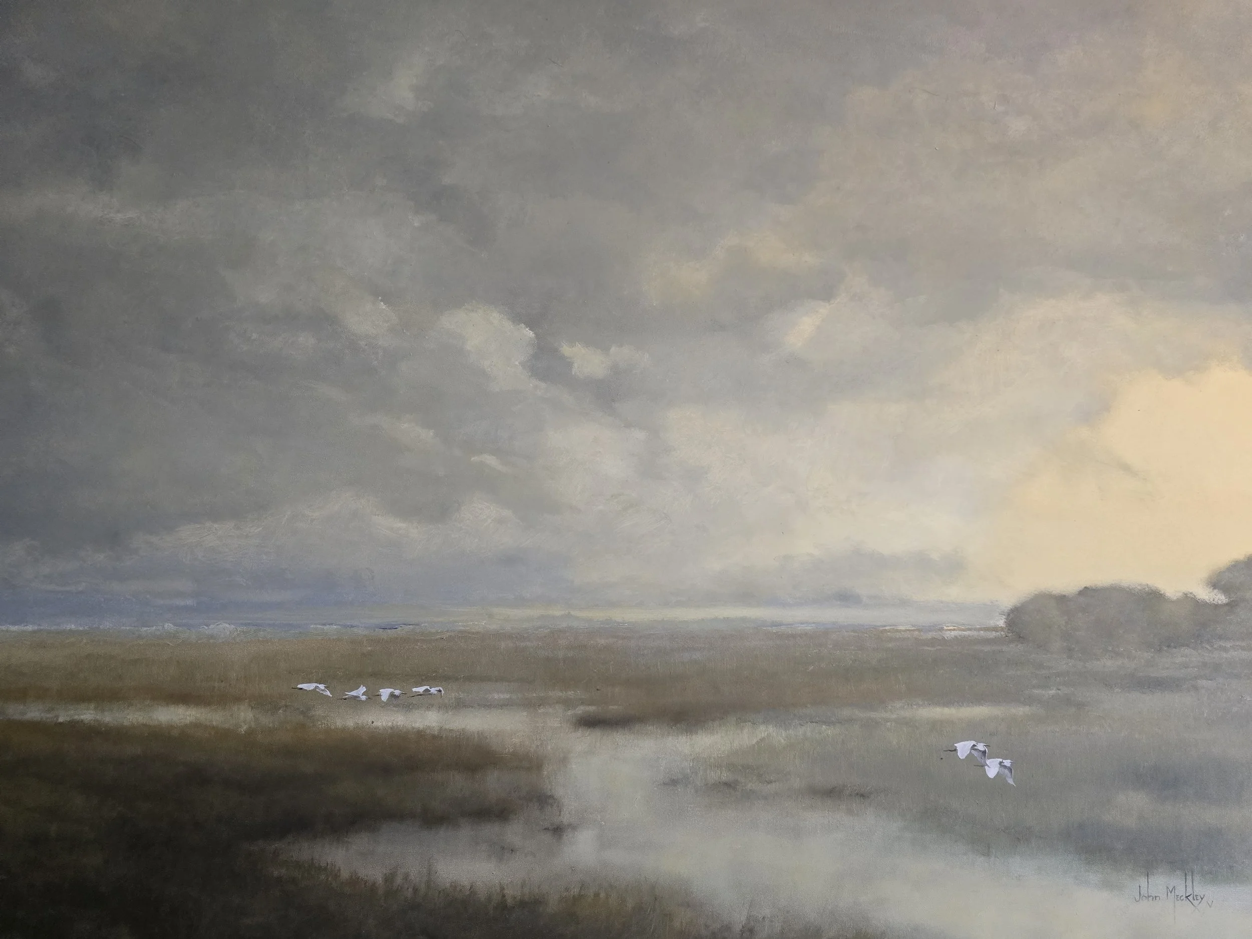 A painting of a cloudy sky over a flat landscape with a few white birds flying low.