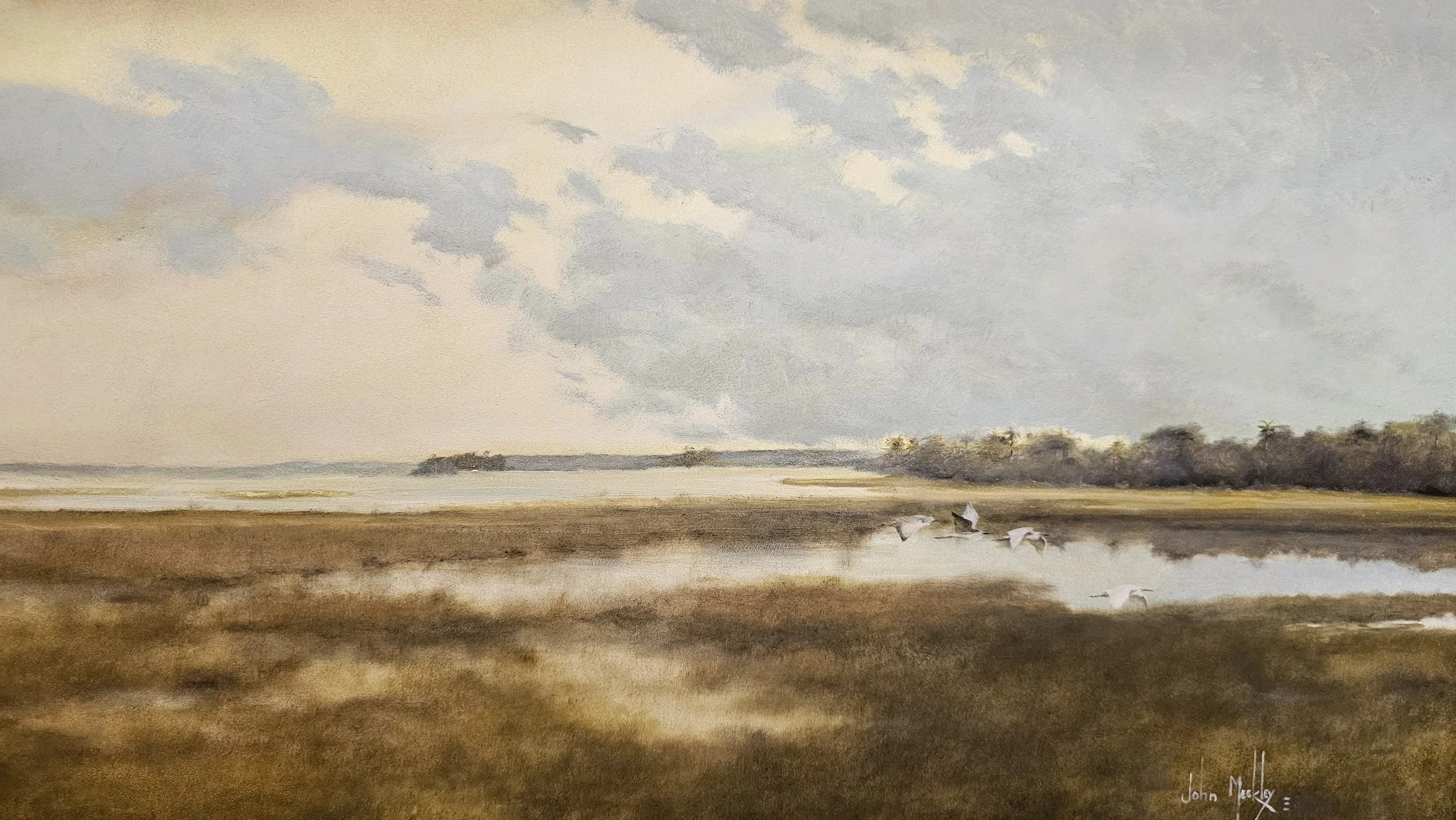 A watercolor painting of a coastal landscape with a cloudy sky, calm water reflecting the sky, and seagulls flying near the shoreline. There is a line of trees in the distance and a small patch of grass or marshland in the foreground.