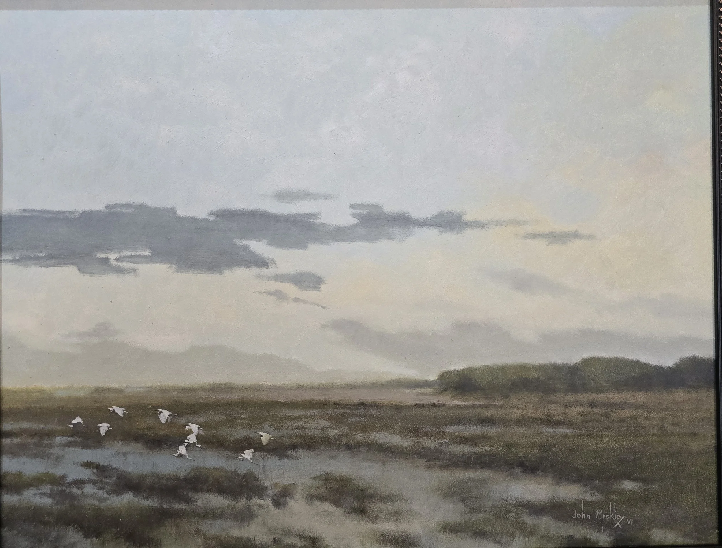 A watercolor painting of a landscape with a cloudy sky, distant mountains, and a marshy foreground with a flock of birds flying low.