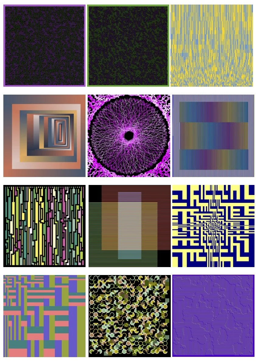 Eine Collage aus zwölf verschiedenen abstrakten digitalen Kunstwerken mit verschiedenen geometrischen Mustern und Farbpaletten.