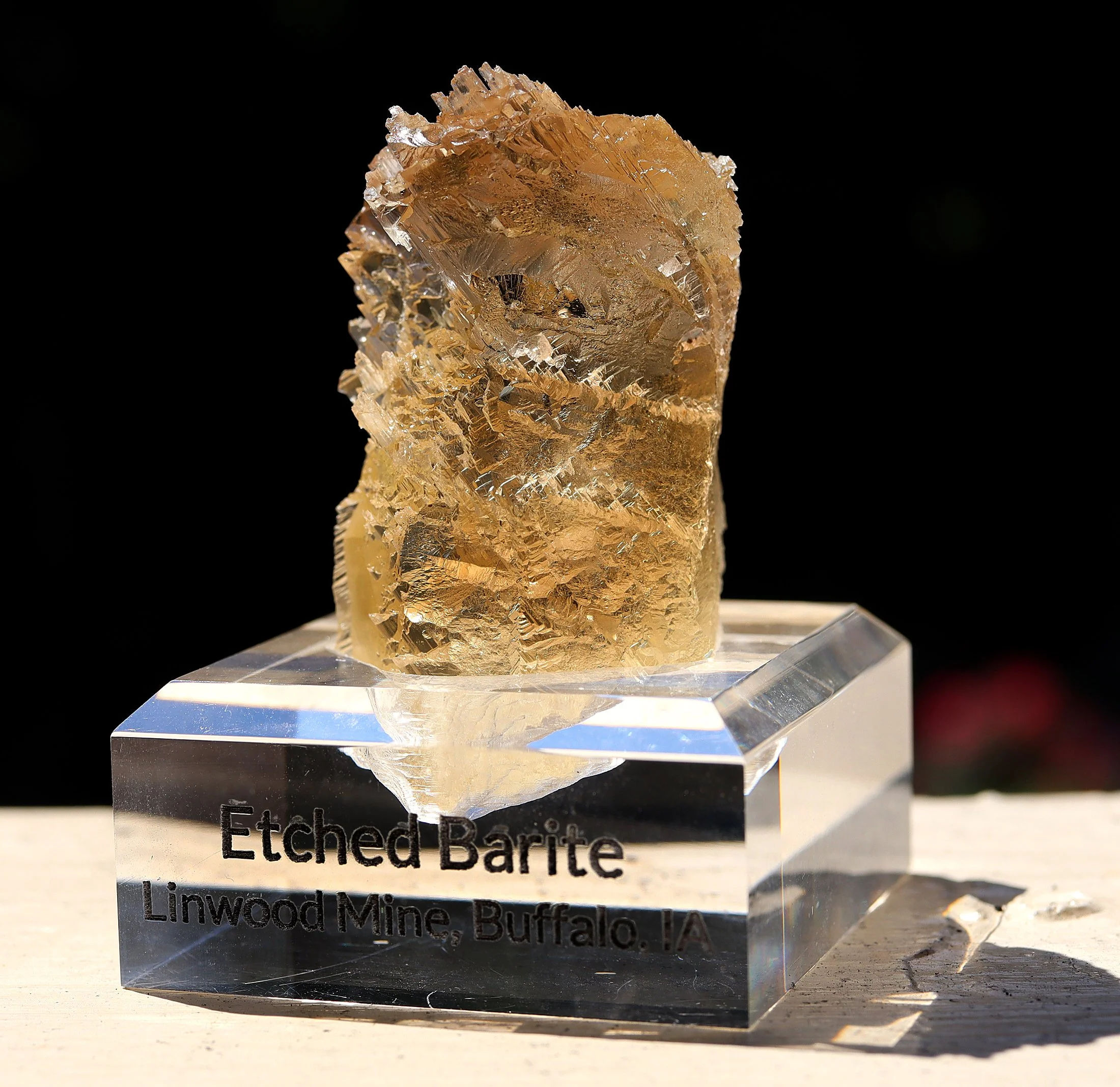 Gem Etched Barite floater crystal. Linwood mine, Scott County, Buffalo, Iowa, USA Custom routed base.
