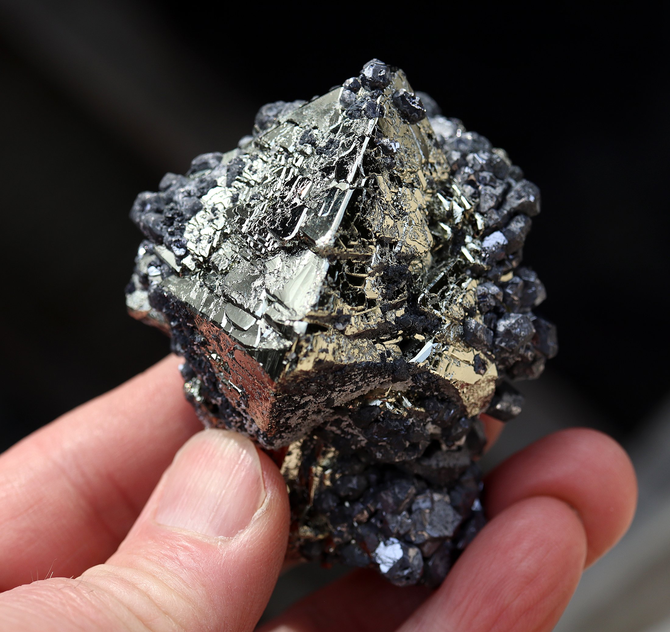 A perfect octahedron of pyrite with galena. Huanzala mine, Huallanca Dist., Ancash, Peru