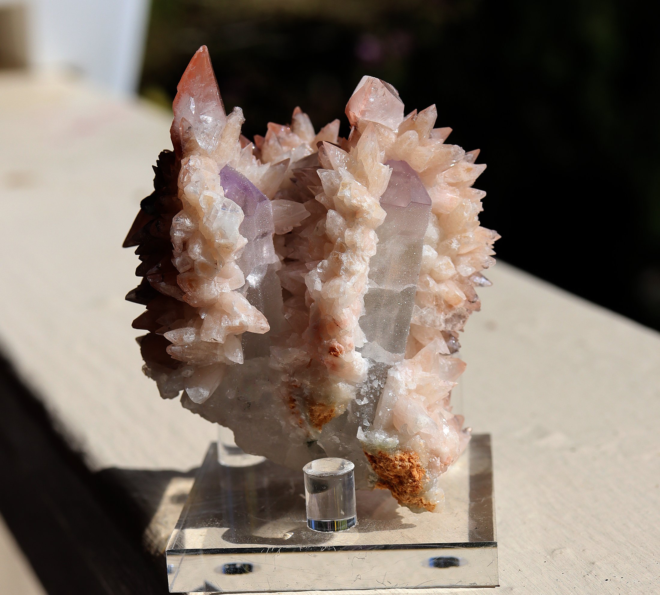 Twin frosted Amethyst tipped Quartz with a calcite jacket. Fengjiashan Mine, Hubei, China
