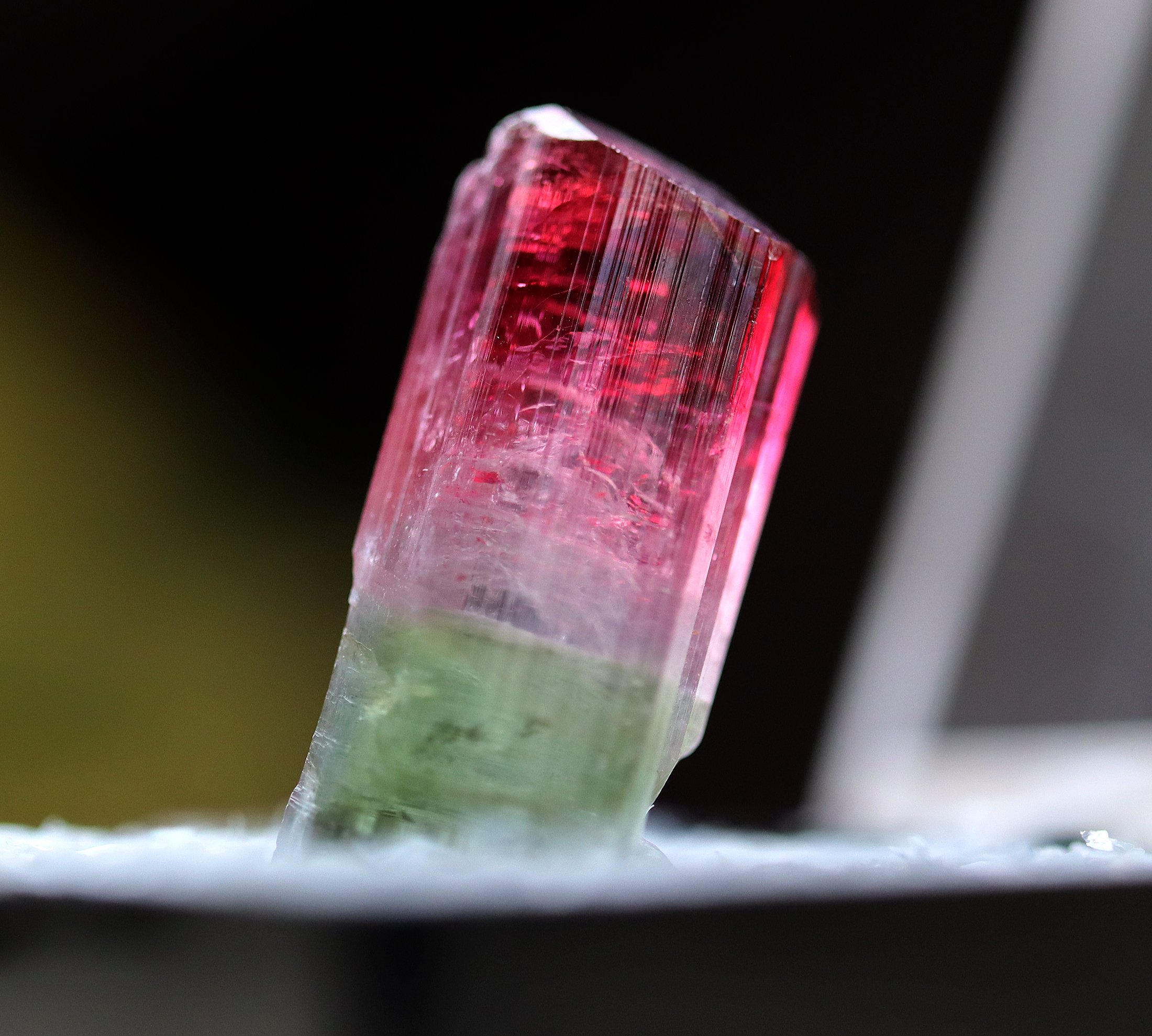 Gem Tourmaline, from the Lollipop pocket, Cruzeiro Mine, Brazil. Unusual for a thumbnail to have such color