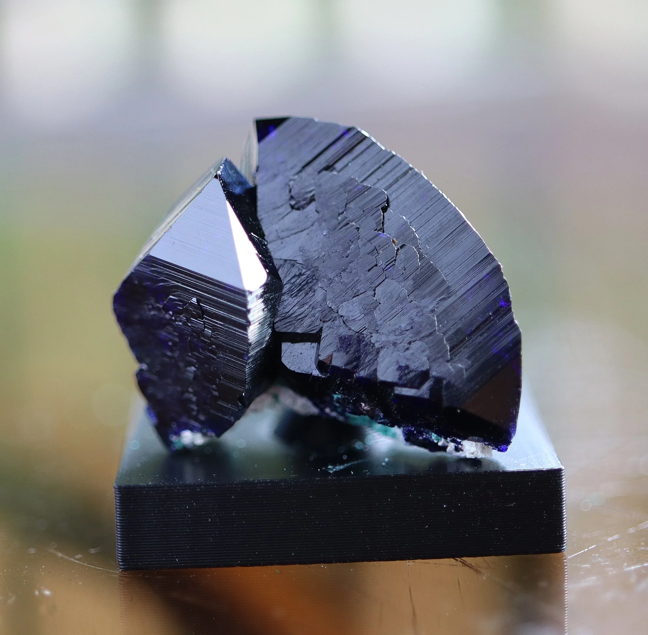 Top class twin Azurite crystals with minor Malachite, Milpillas Mine, Sonora, Mexico.