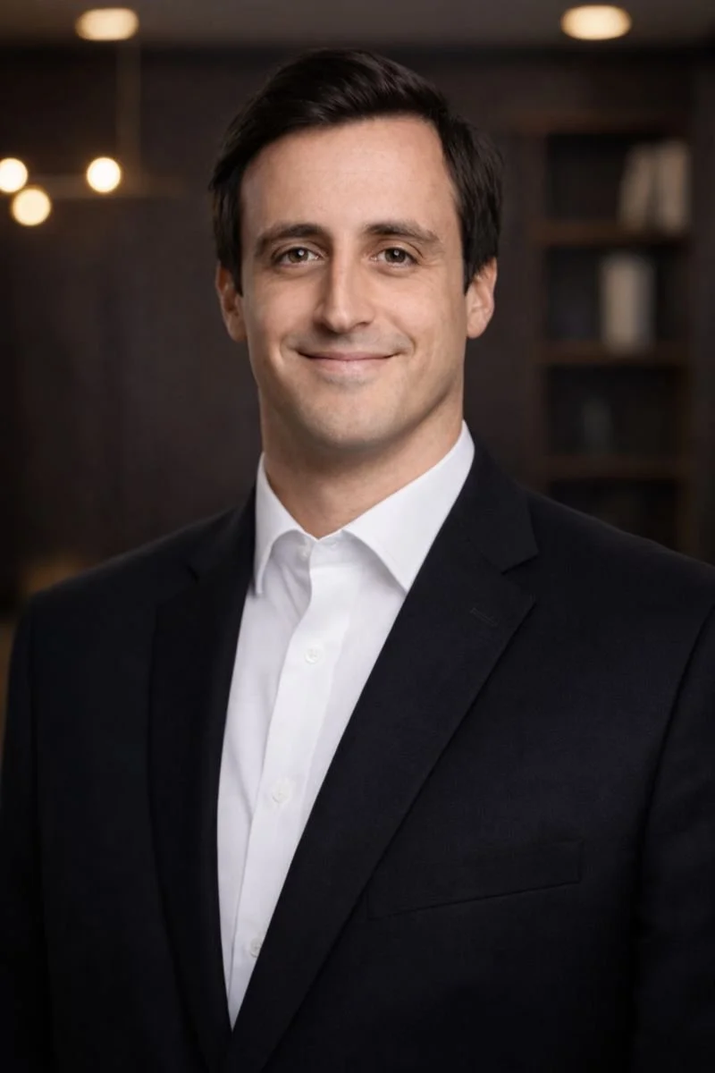 Ein Mann in einem schwarzen Anzug und weißem Hemd, der lächelnd in die Kamera blickt, im Hintergrund eine dunkle bibliothekarische Umgebung mit Büchern und warmem Licht.