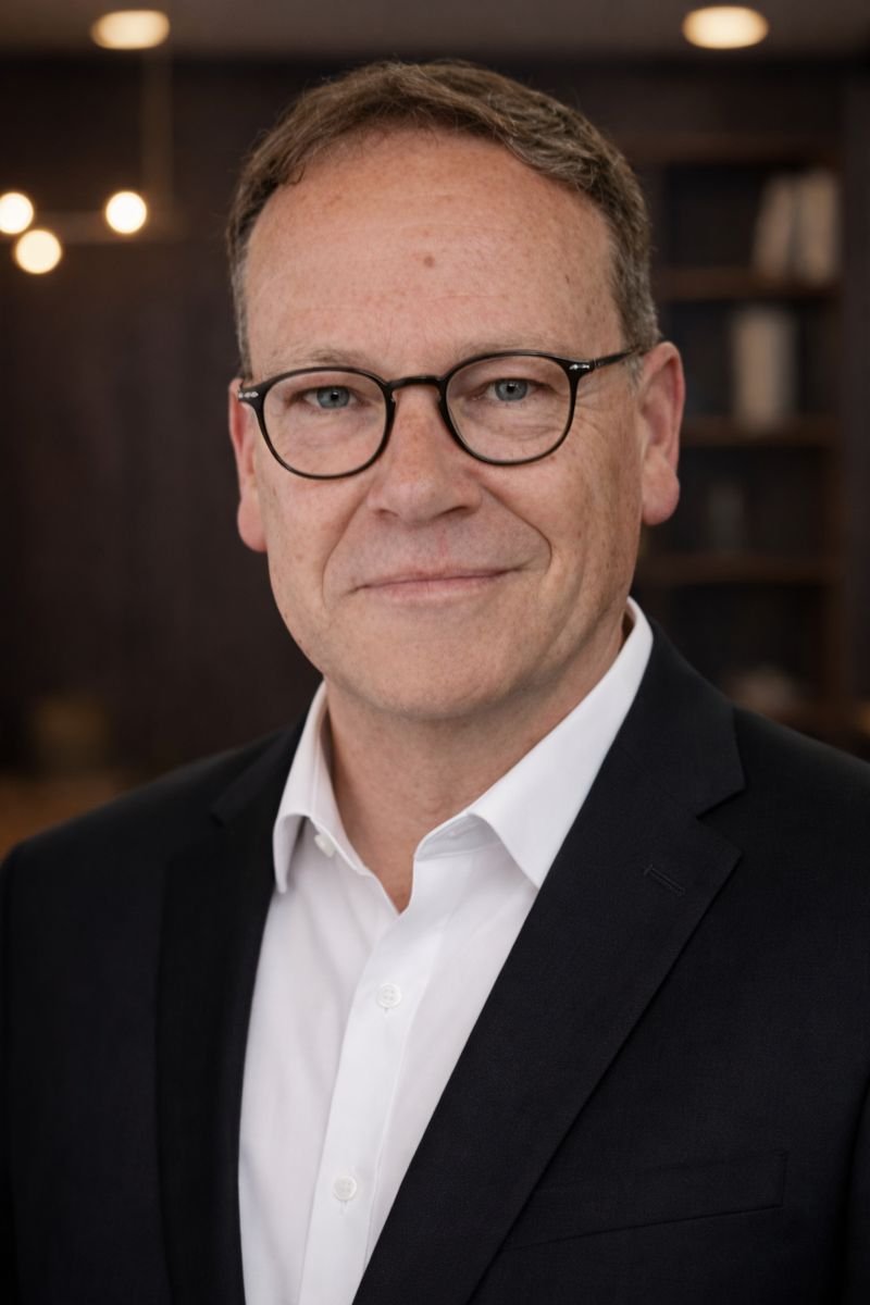 Porträt eines Mannes in formeller Kleidung mit Brille vor einem dunklen Hintergrund