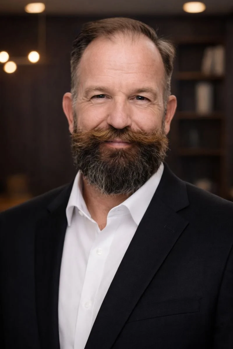 Ein Mann mit braunem Haar, Vollbart und Schnauzbart trägt einen schwarzen Anzug und eine weiße Hemd im Innenraum.