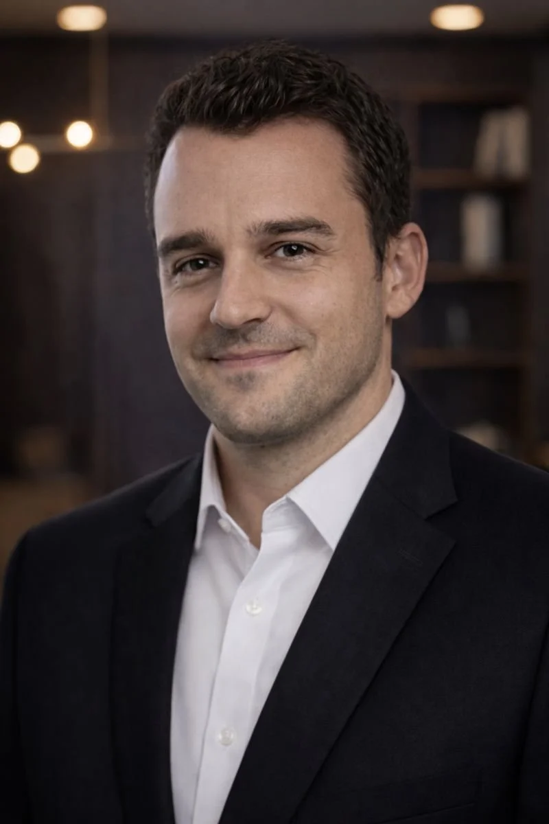 Porträt eines lachenden Mannes in formeller Kleidung vor einem dunklen Hintergrund mit Bücherregal und warmem Licht.