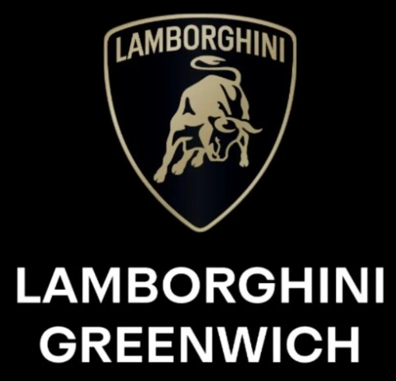 Lamborghini logo with a shield and a charging bull, with black background and white text reading 'Lamborghini Greenwich'.