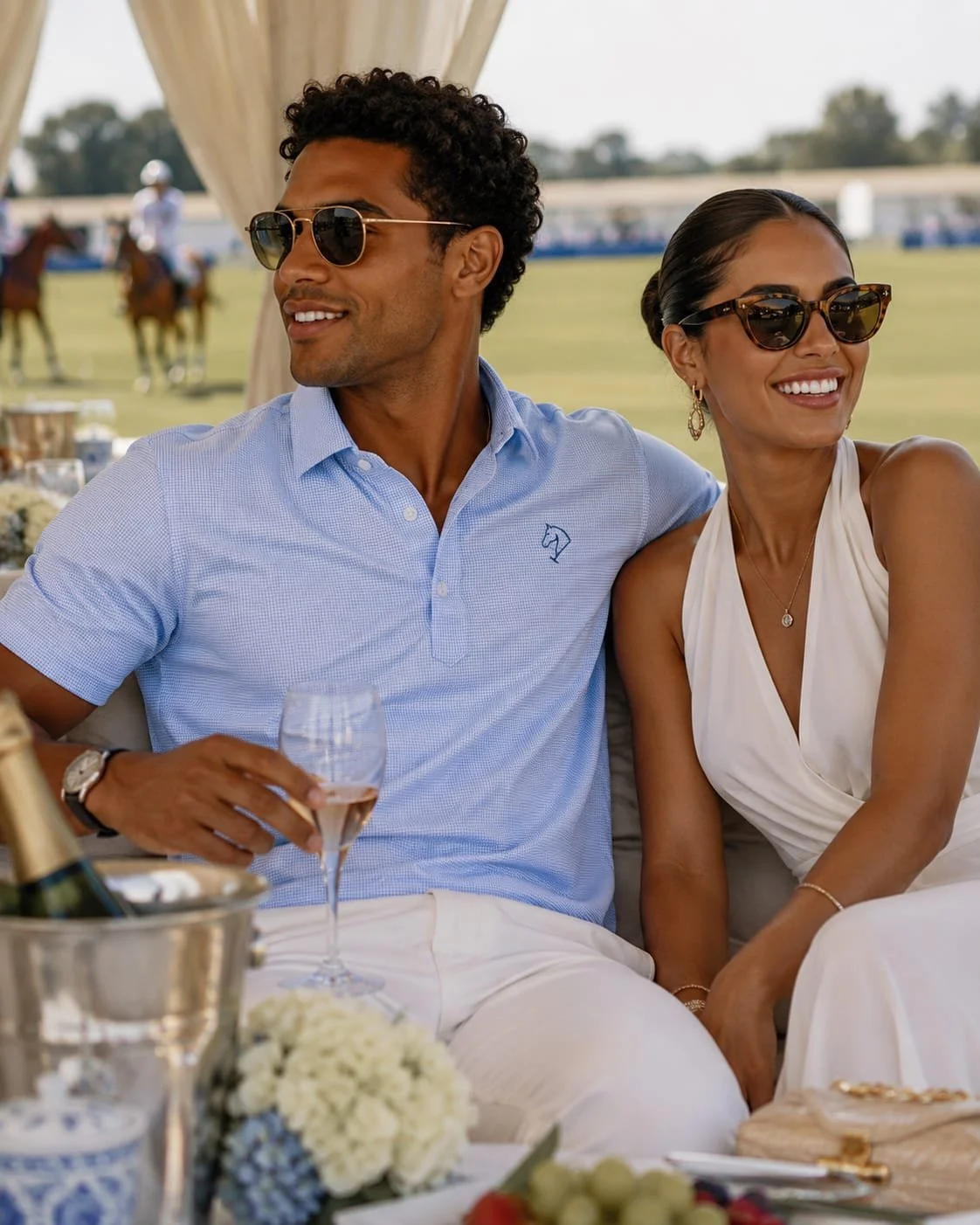 A man and woman sitting together at an outdoor event, smiling and wearing sunglasses, with a blurred horse race in the background. The man is holding a glass of champagne. They are dressed in casual elegant clothing.