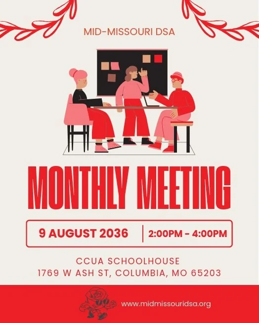 Join us for our monthly meeting this Sunday, 2:00 PM at the CCUA Schoolhouse in Columbia! We'll be discussing our upcoming Policy Platform, as well as a debrief of the August elections. We'd love to see you there!