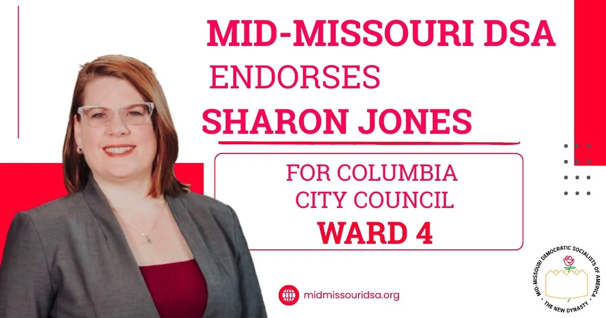 Tonight! Sharon Jones joins Vera Elwood as the second Mid-Missouri DSA-endorsed member of the Columbia City Council! Her swearing-in also creates the first all-woman full city council in Columbia history. We were honored to be part of this, and look 