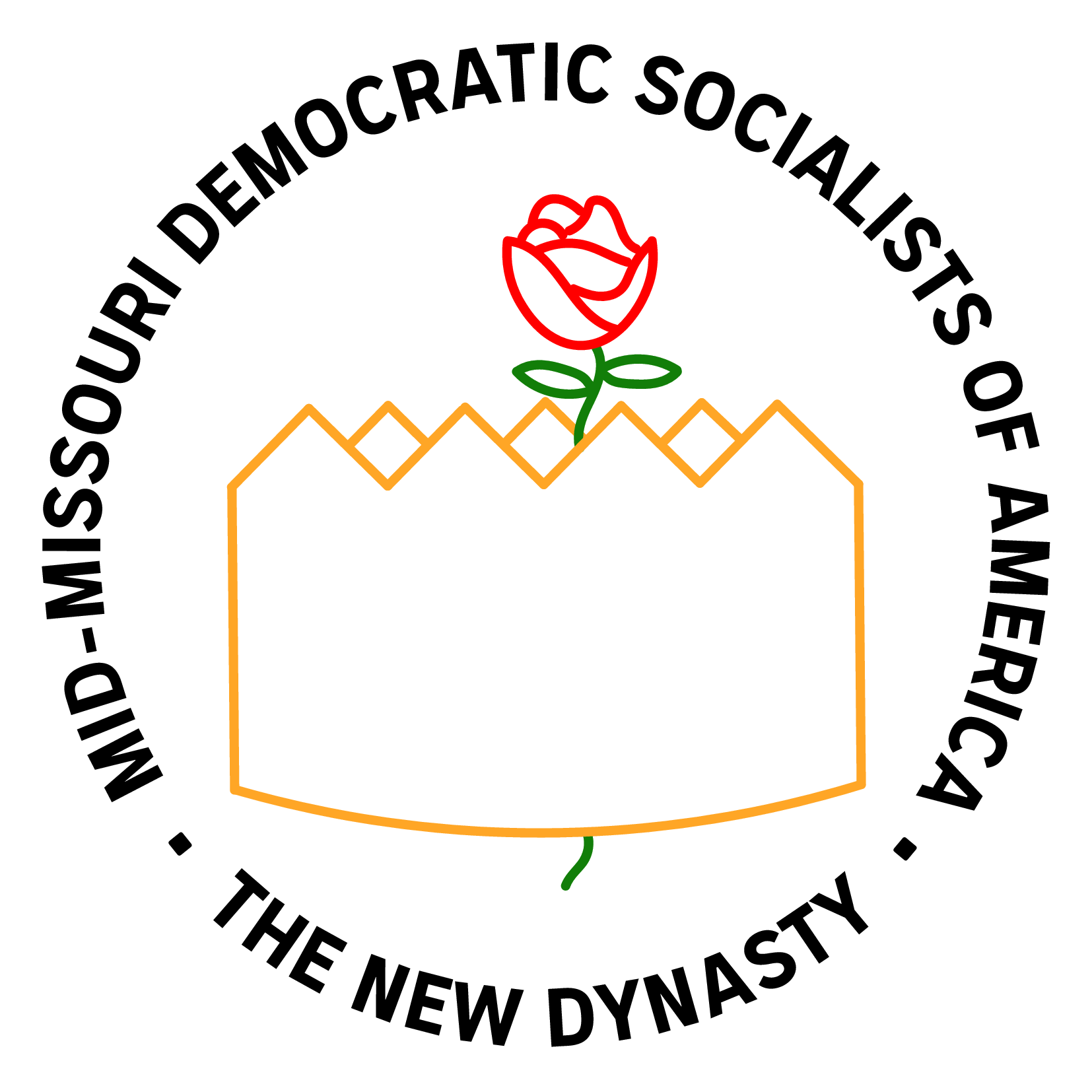 A rose growing out of a crown, surrounded by the words: Mid-Missouri Democratic Socialists of America - The New Dynasty