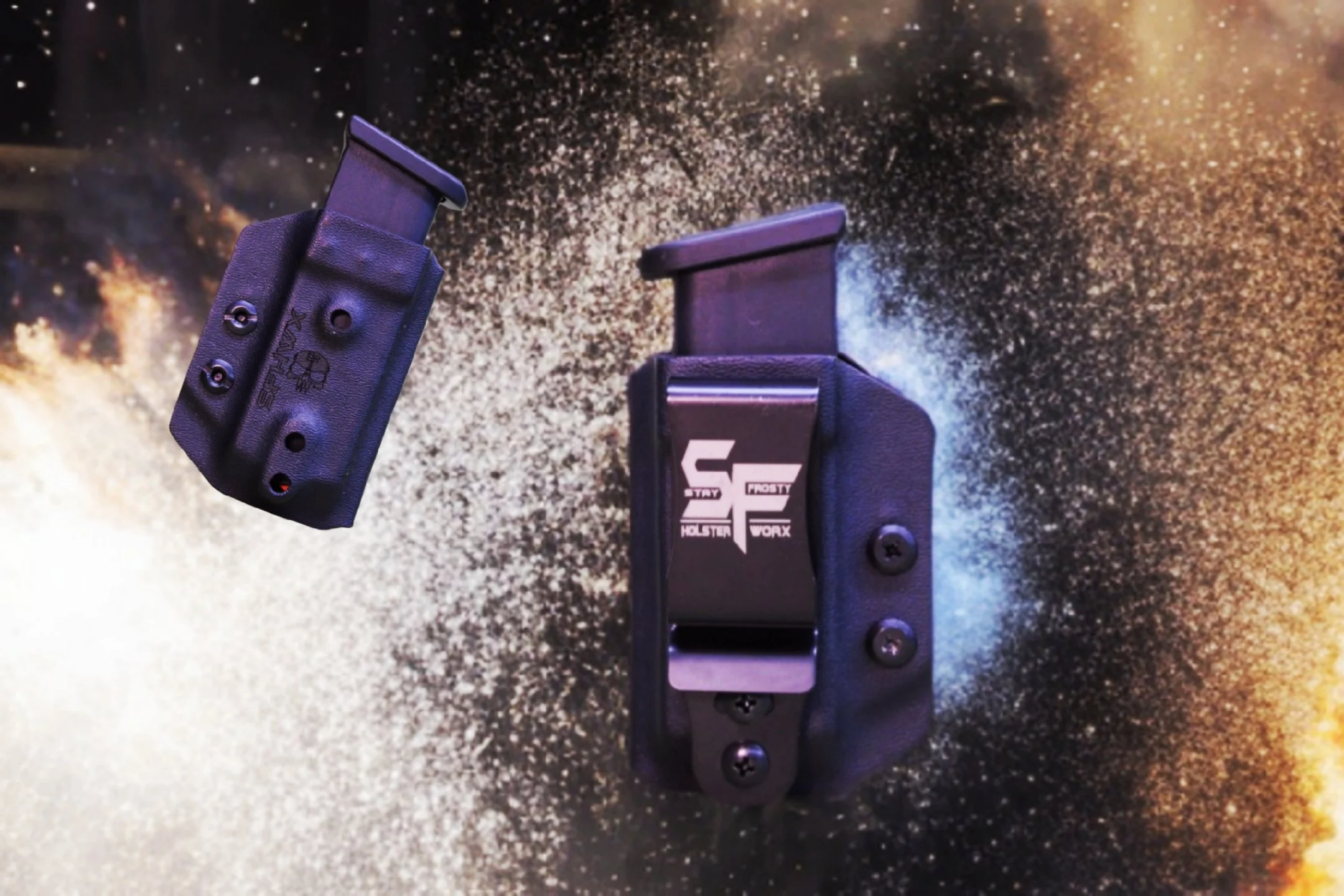 A firearm holster and magazine holder against a colorful, cosmic-themed background with splattered paint effects.