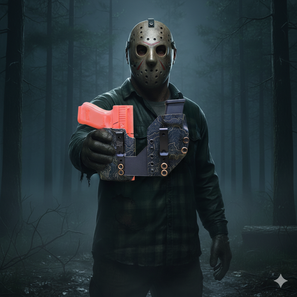 A person wearing a hockey mask holding a large, custom-built firearm in a foggy forest setting at night.
