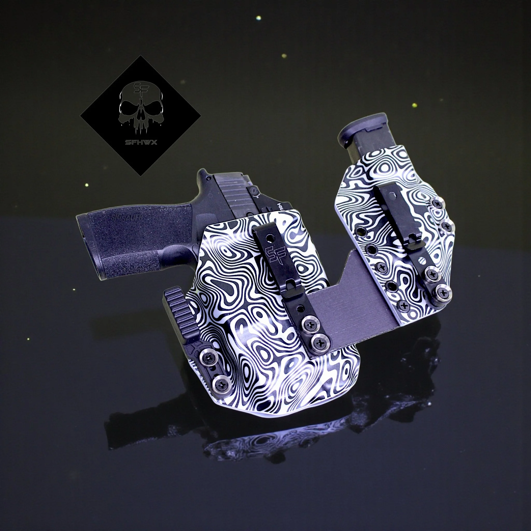 A handgun with a black grip and a patterned slide with swirling black and white designs, mounted on a black surface with a reflection. A black logo with a skull and the letters SF HWX is in the top left corner.