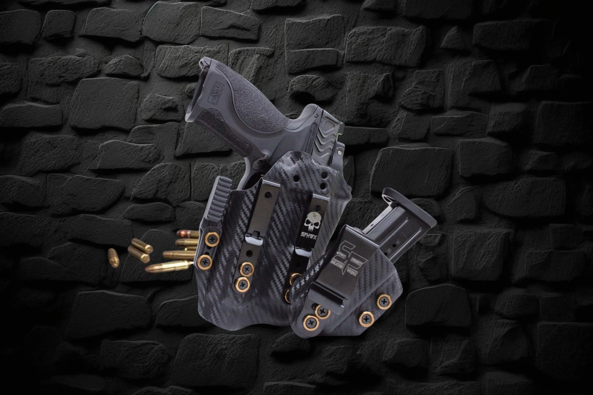 A compact handgun with a black and silver body, placed inside a carbon fiber holster. The holster is attached to a tactical belt with gold screws, and several bullets are scattered nearby. The background is a dark, textured stone wall.