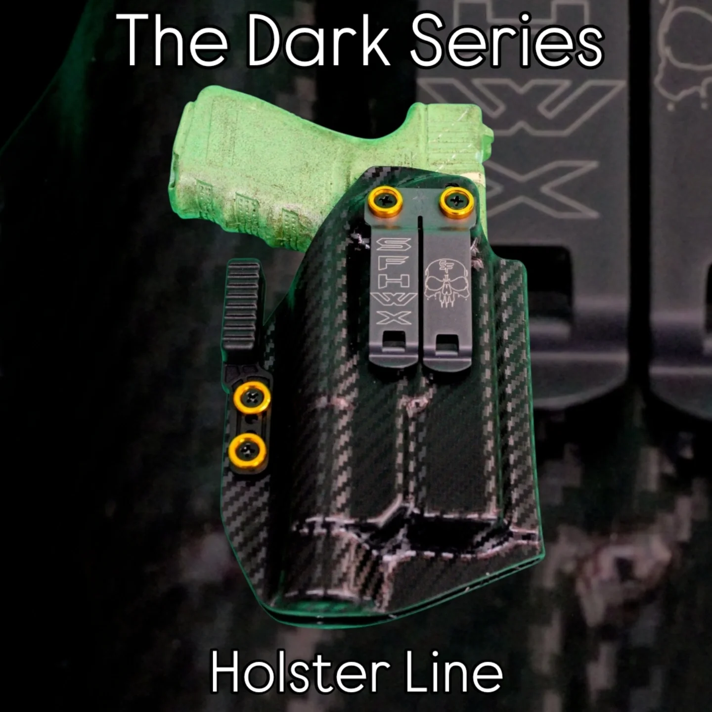 A tactical firearm with a carbon fiber holster and a green gun, displayed on a black surface with the text "The Dark Series" above and "Holster Line" below.
