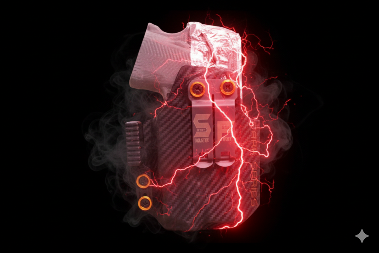 A tactical holster with a flashlight mounted, emitting red lightning effects and surrounded by smoke, set against a black background.
