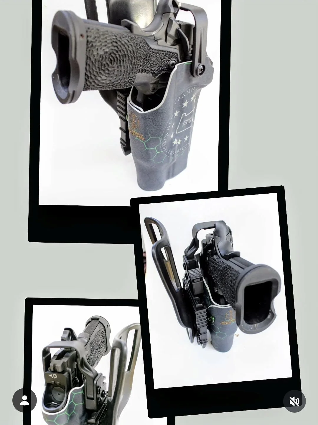 Multiple images of a handgun with a distinctive grip and a trigger safety, shown from various angles, with one image including a holster with a logo. The handgun has hexagon patterns and tech-inspired designs on the grip and holster.