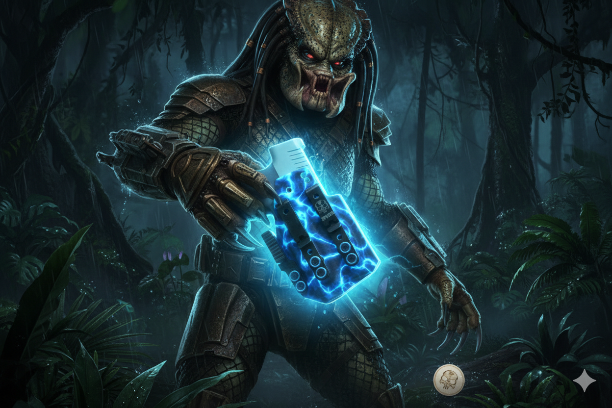 Predator-like creature with dreadlock hair and a terrifying face, holding a glowing device emitting blue lightning in a dense jungle at night.