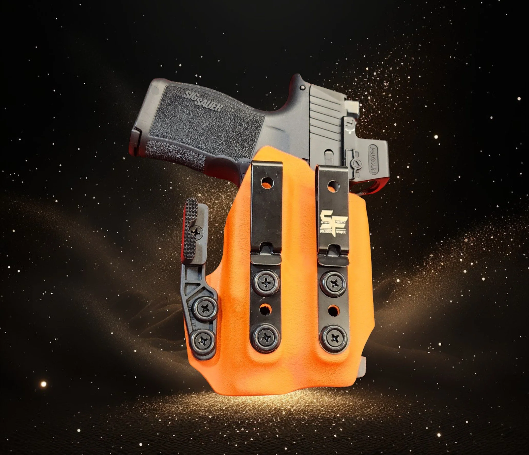 A handgun in a holster against a space-themed background