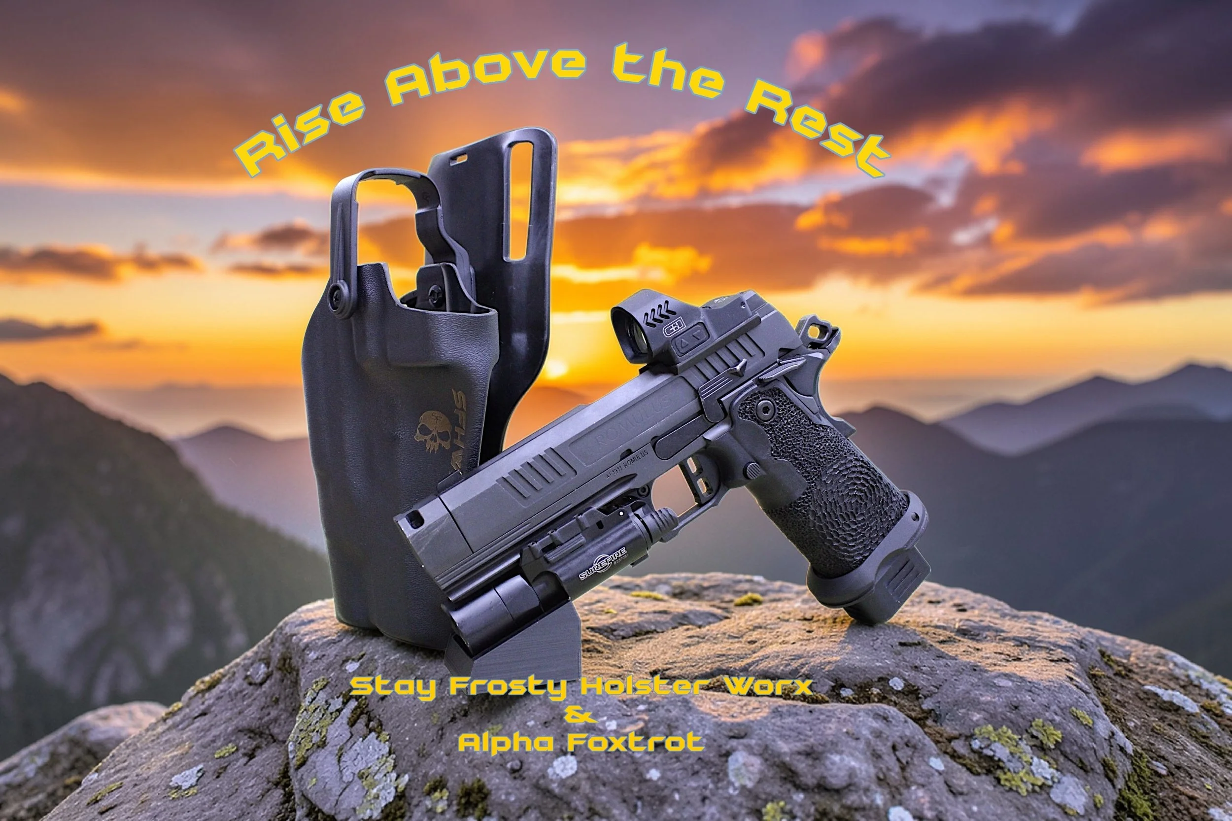 A semi-automatic handgun with a mounted red dot sight, positioned on a rocky surface during a sunset with a mountain range in the background. There is a black holster with a skull logo hanging from the gun. Yellow text overlays read "Rise Above the R