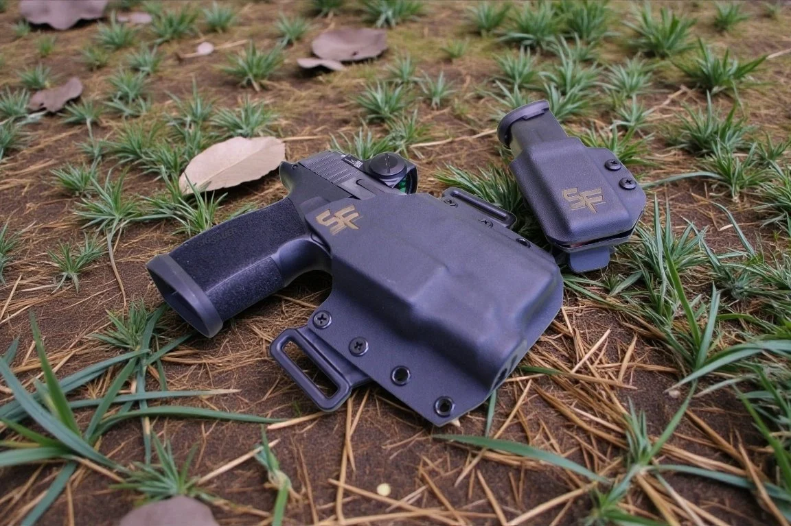 A firearm with a holster and a mounted reflex sight lying on the ground among green plants and dry leaves.