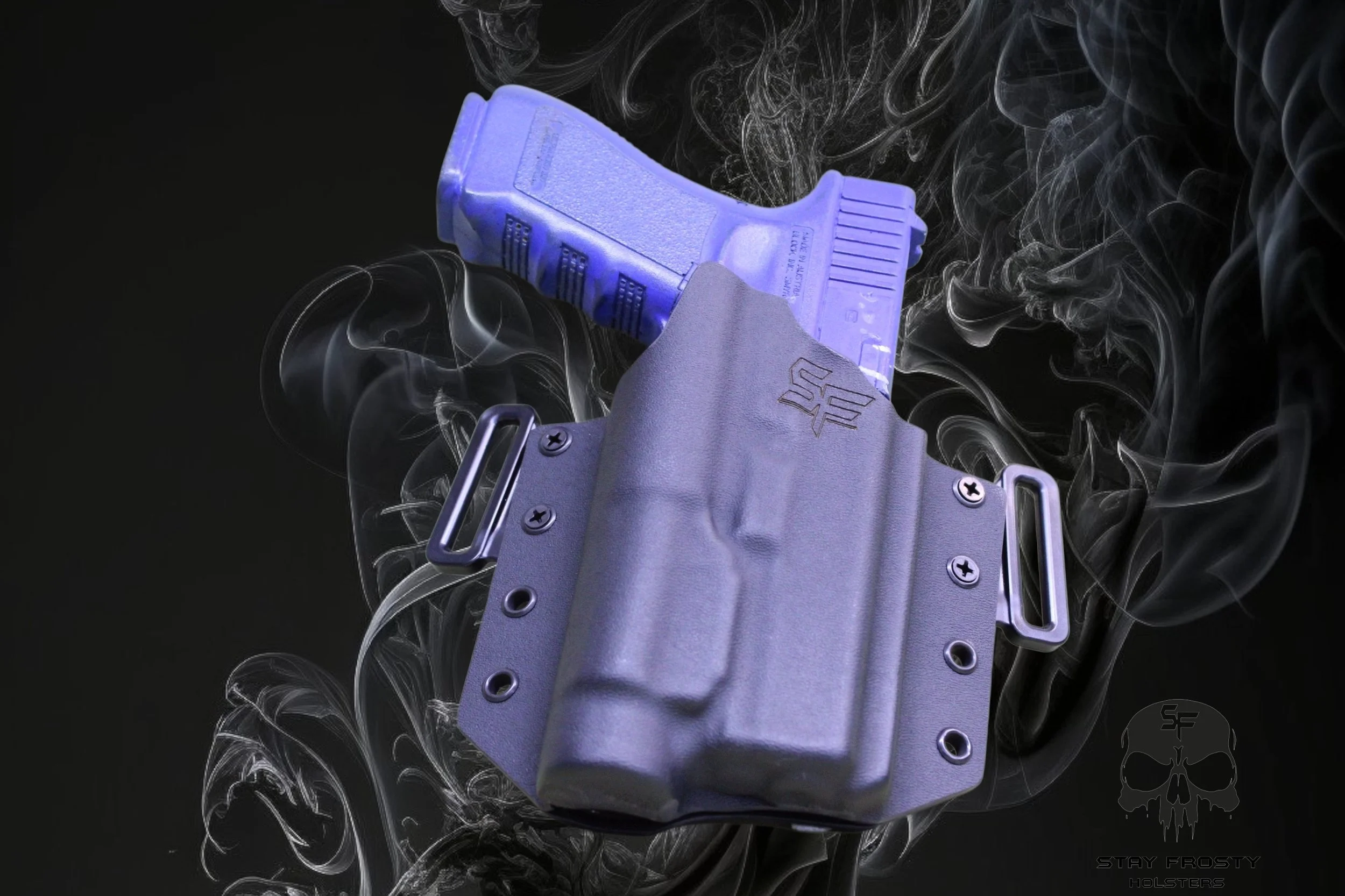 A black gun holster holds a purple firearm, with smoke or mist swirling around it against a black background.
