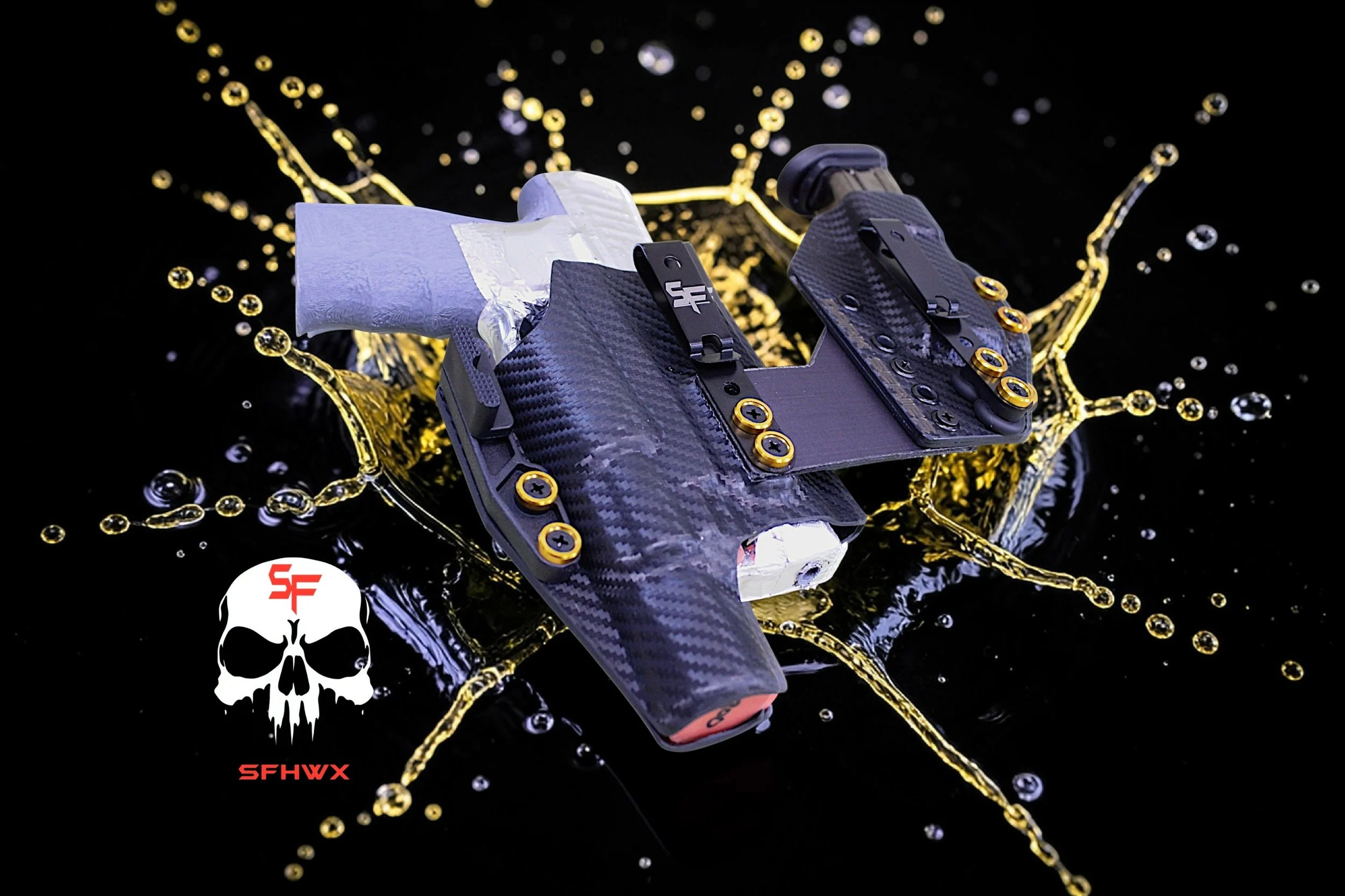 A custom firearm with a carbon fiber grip lying on a reflective black surface with gold liquid splashes. There is a skull logo with red letters 'SF' and the text 'SFHWX' beneath it in the lower left corner.