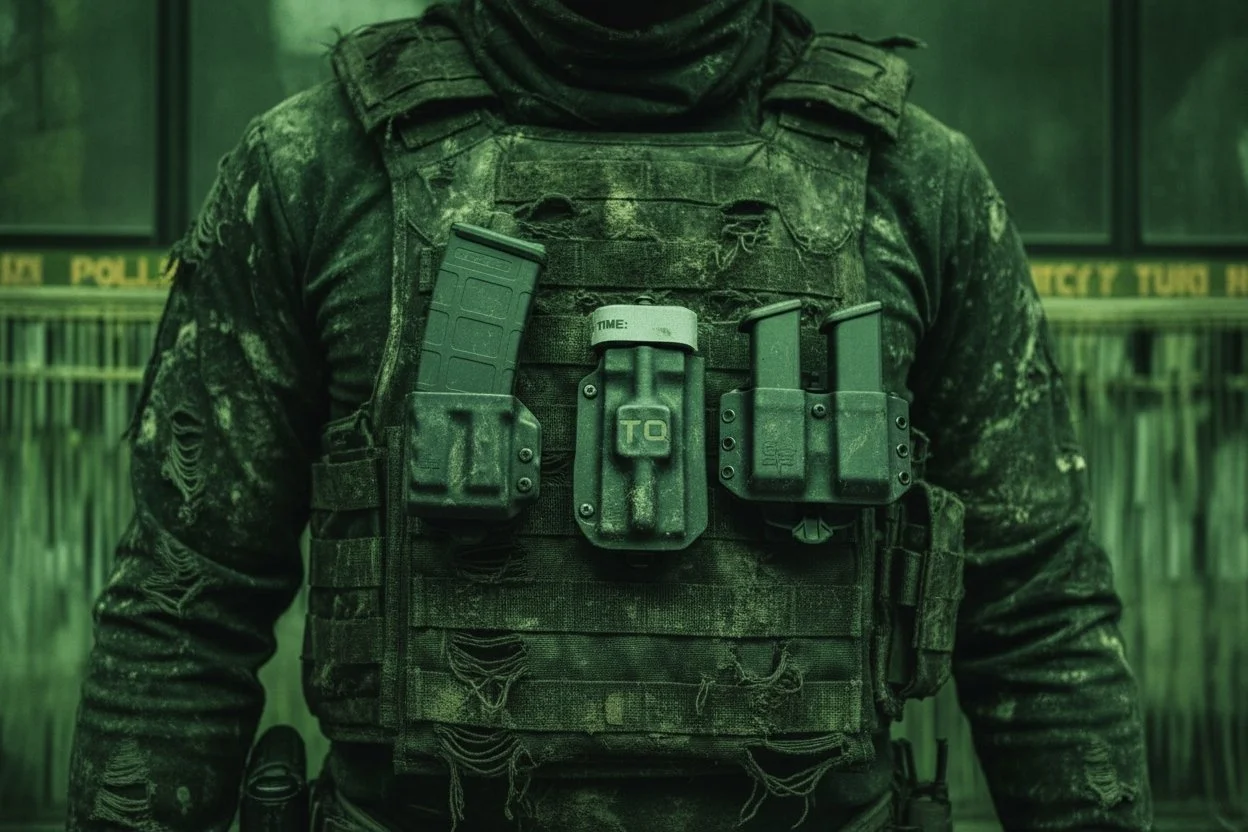 A soldier wearing camouflaged tactical gear with multiple magazines and pouches attached, standing in front of police tape and metal barricades.