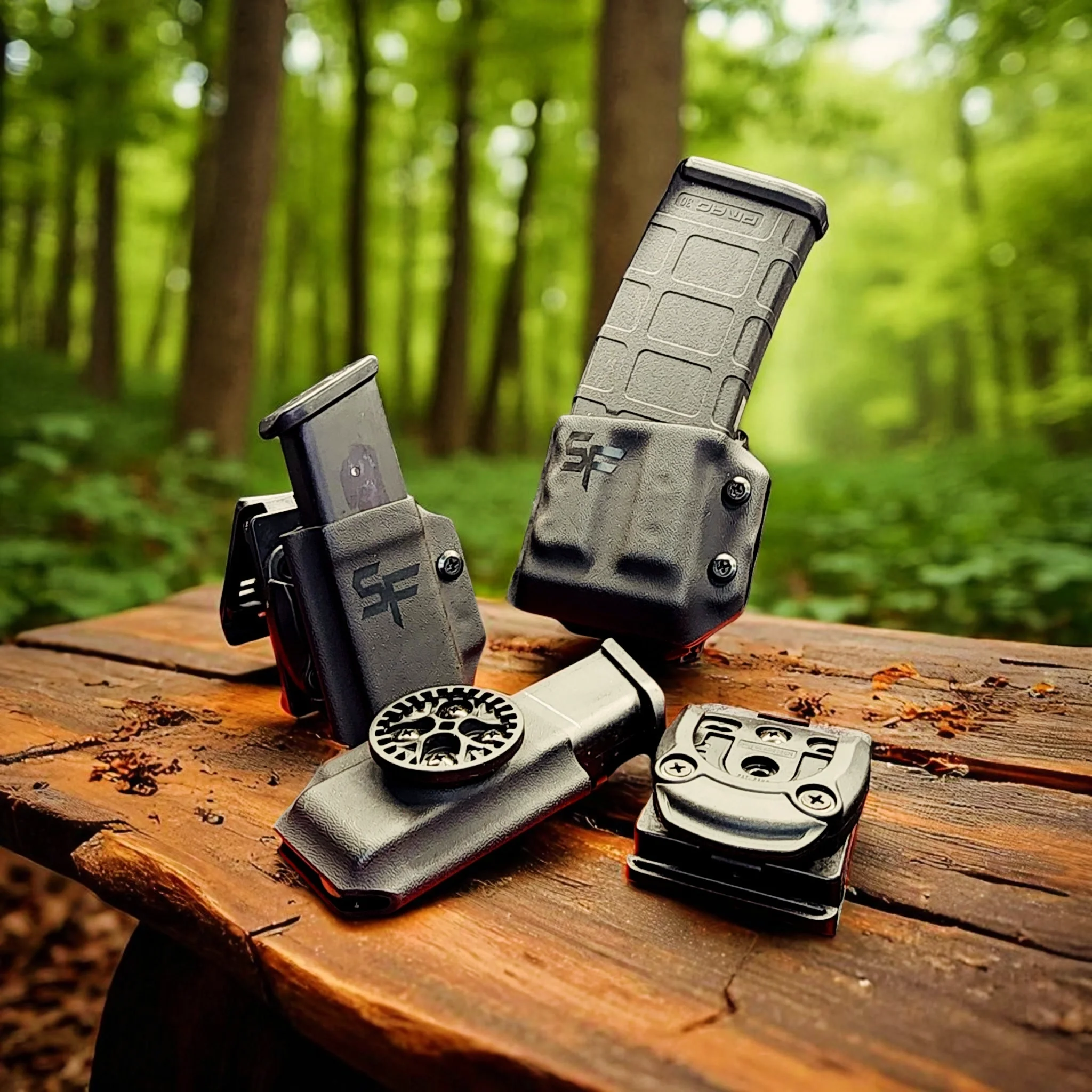 Four black firearm magazines on a wooden log in a forest setting.
