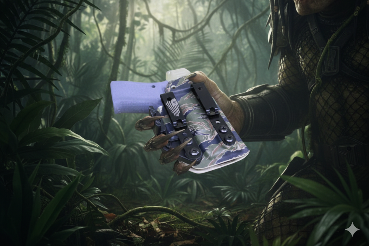 A person wearing gloves and a tactical suit holding a camouflage-patterned device with a roll of purple tape, surrounded by dense jungle foliage.