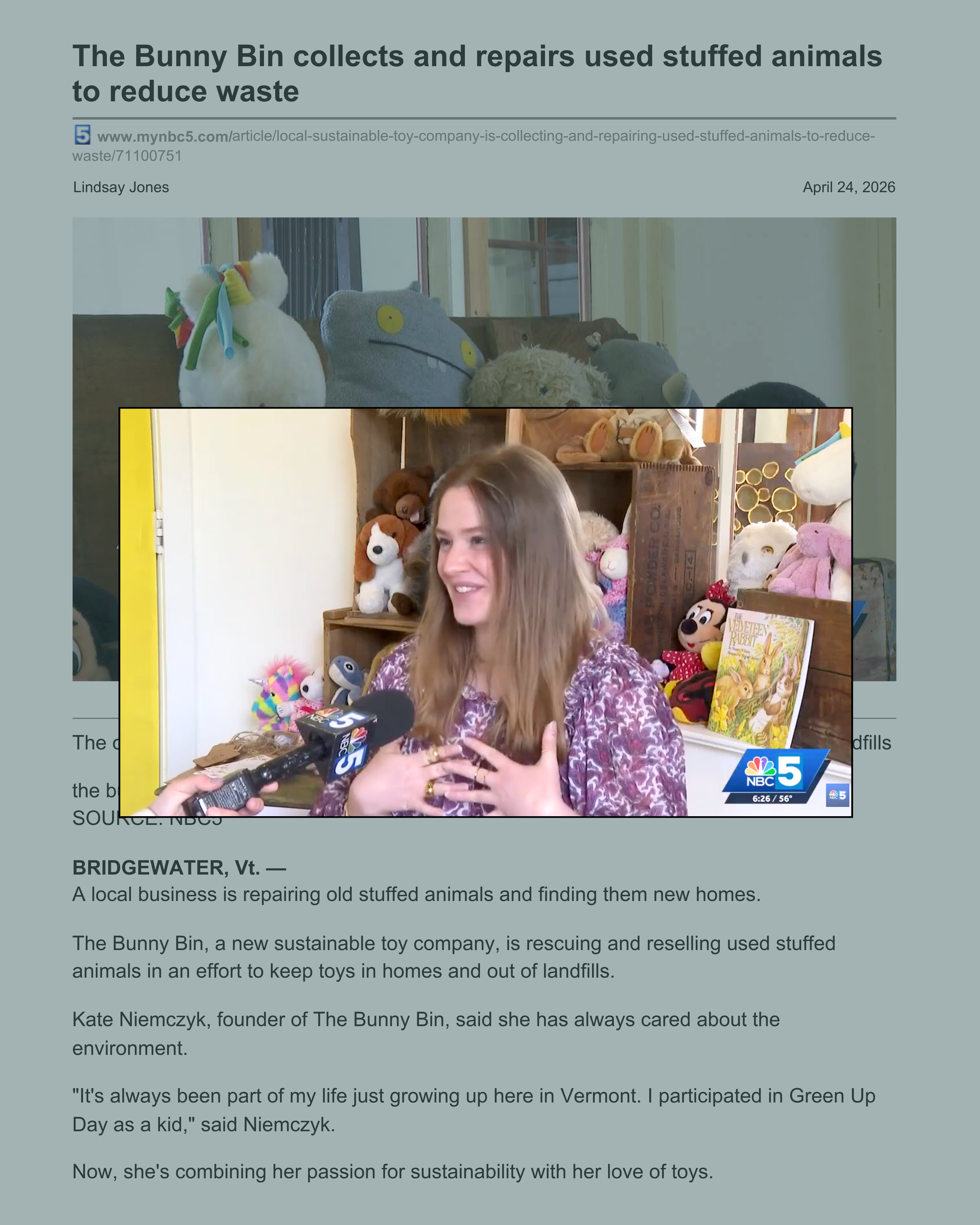 A woman is being interviewed in front of a display of stuffed animals, including dogs, cats, and a rabbit, at a craft fair or store. She is talking into a microphone with the NBC 5 and NBC logos.