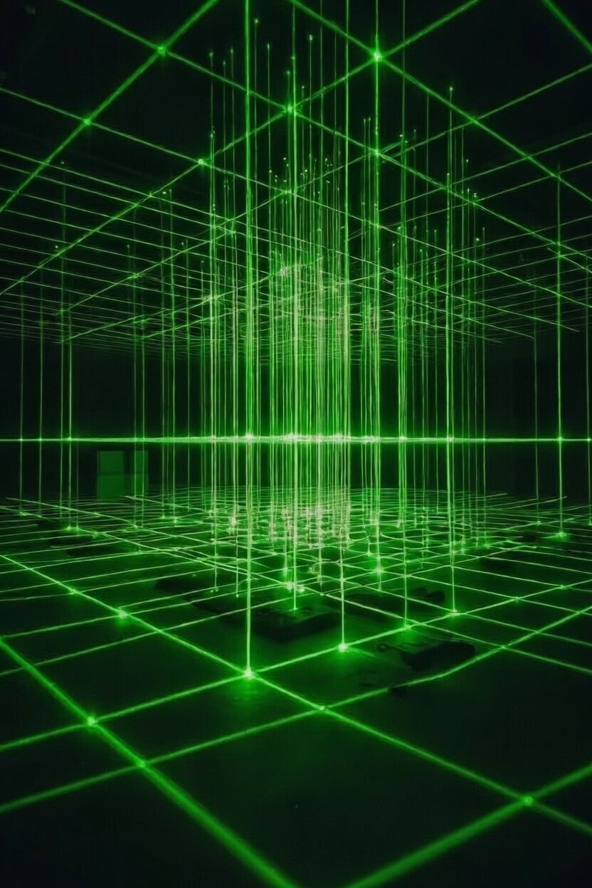 Green laser lines forming a web-like grid and geometric pattern in a dark room, creating a futuristic, digital atmosphere.