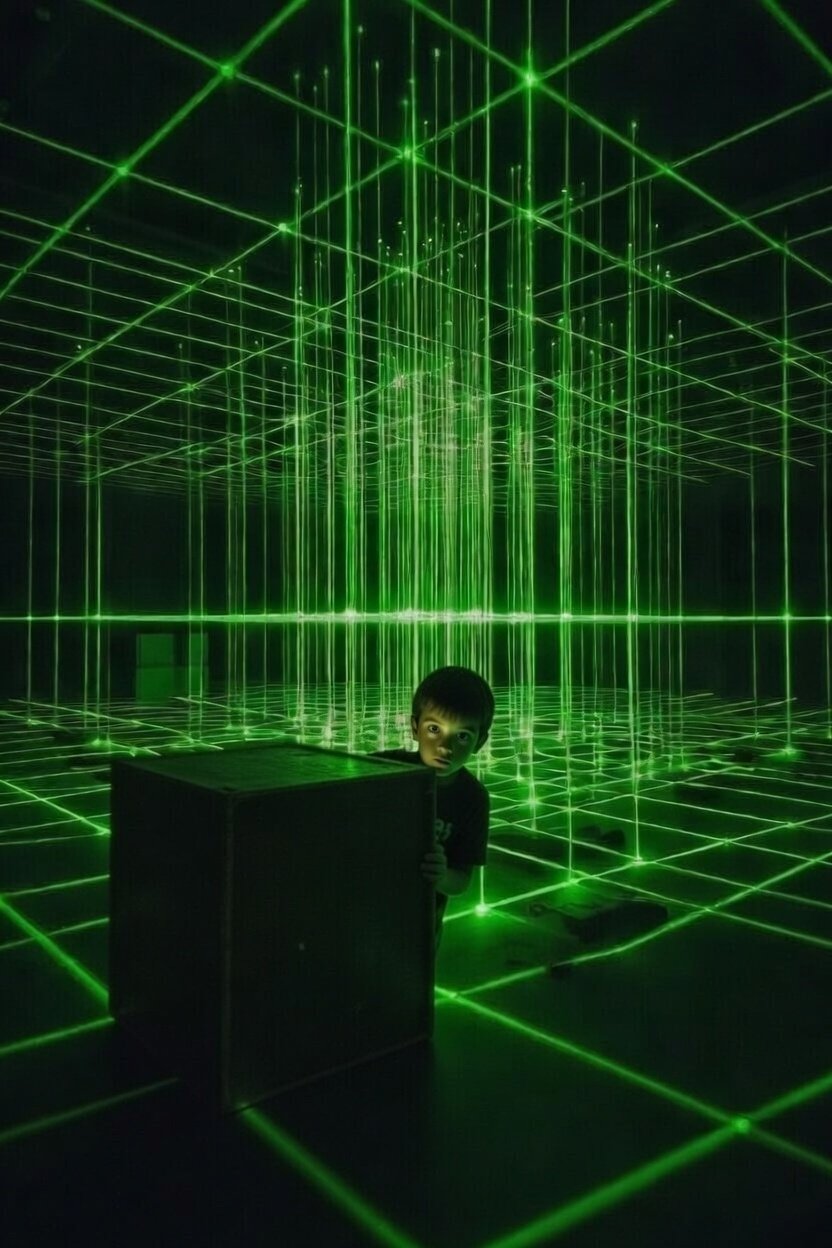 A young boy standing in a dark room with green laser beams forming a grid pattern projected on the walls, floor, and ceiling.
