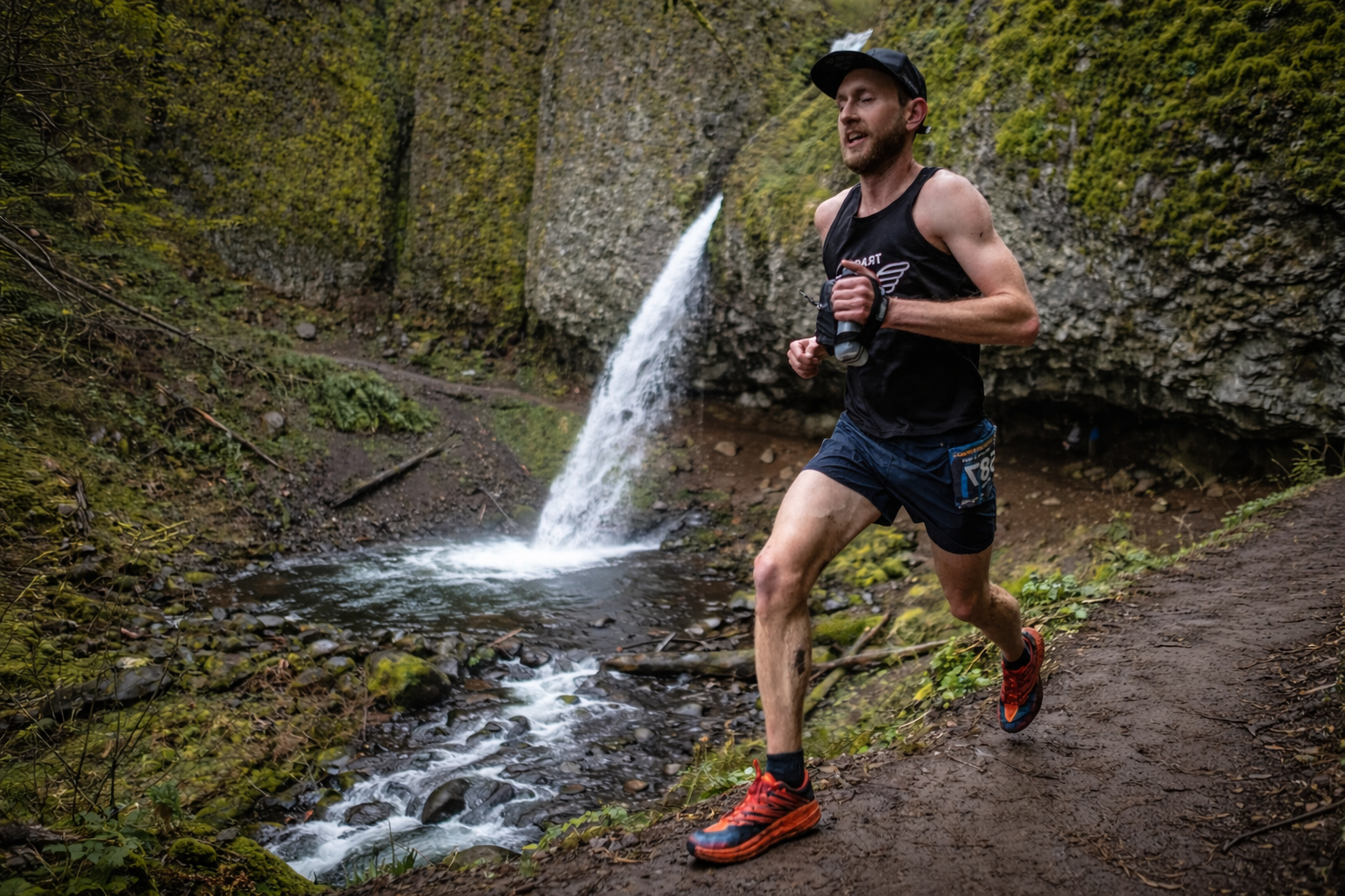 Runner in Portland, Oregon running past a waterfall