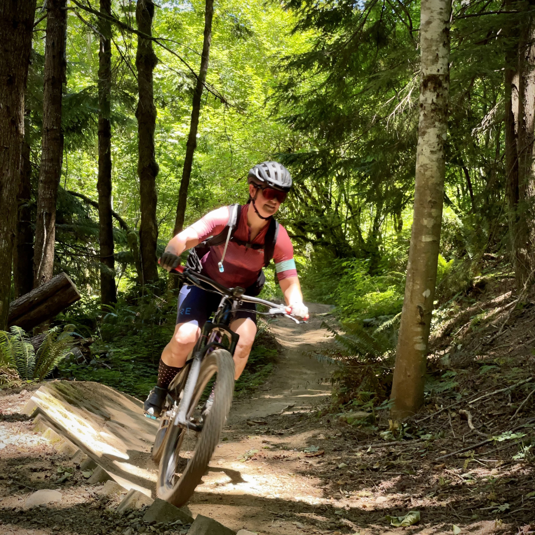 One of Steph George's sports massage clients mountain biking near Portland, Oregon.