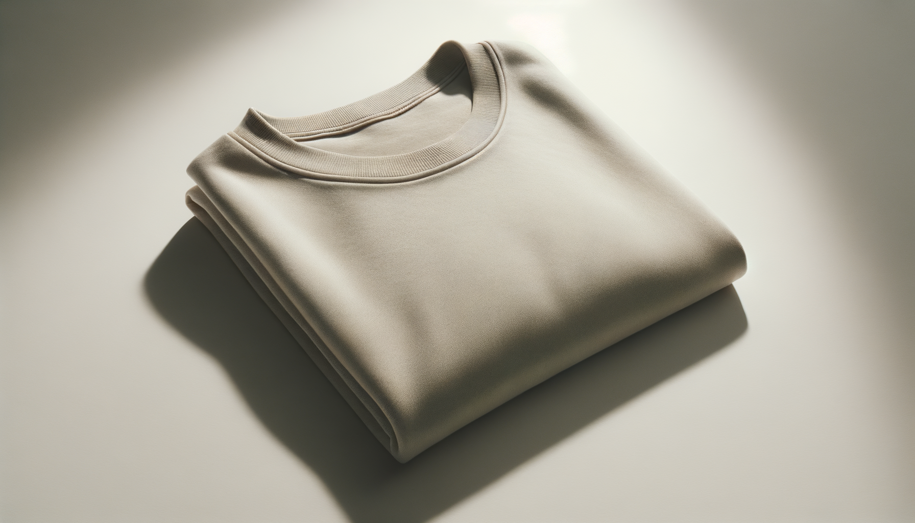 A neatly folded beige sweatshirt placed on a light-colored surface with soft shadows.